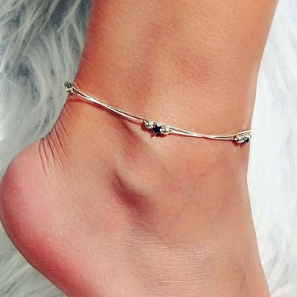 Silver Colored Layered Anklet With Stars